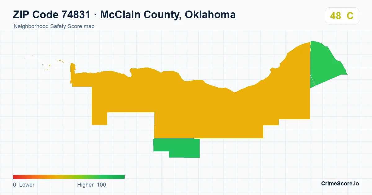 ZIP Code 74831 in McClain County, Oklahoma neighborhood Safety Score map