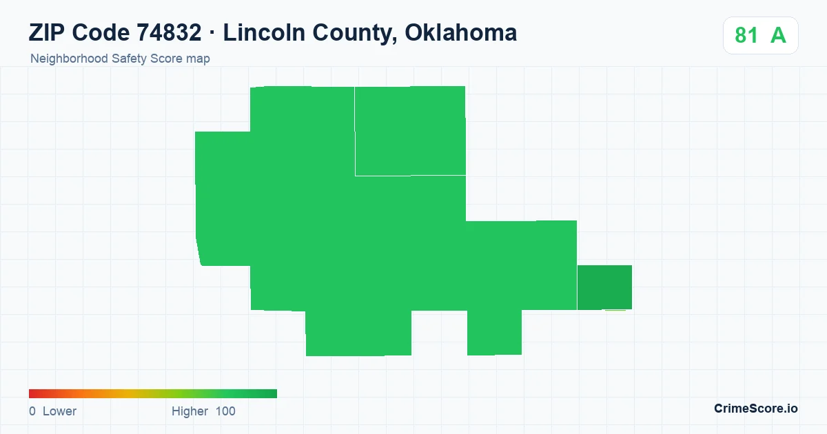 ZIP Code 74832 in Lincoln County, Oklahoma neighborhood Safety Score map
