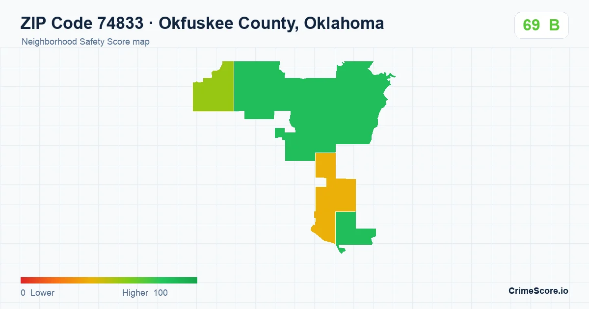 ZIP Code 74833 in Okfuskee County, Oklahoma neighborhood Safety Score map