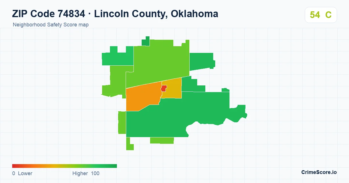 ZIP Code 74834 in Lincoln County, Oklahoma neighborhood Safety Score map