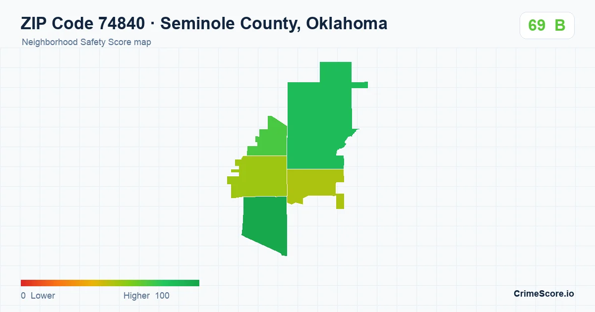 ZIP Code 74840 in Seminole County, Oklahoma neighborhood Safety Score map