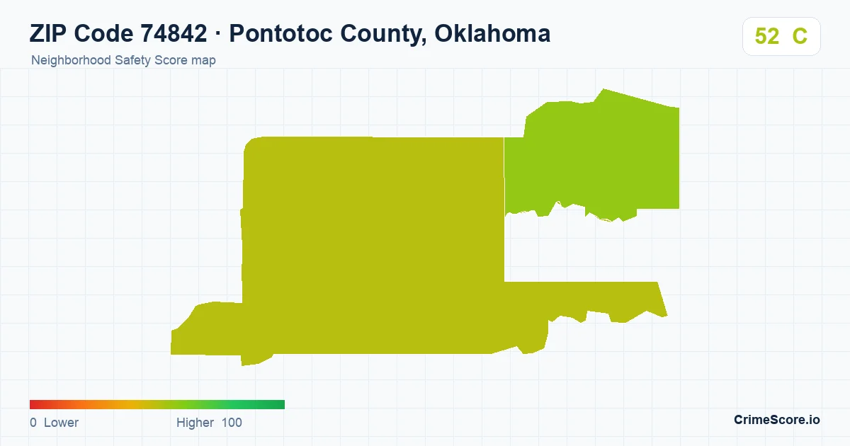 ZIP Code 74842 in Pontotoc County, Oklahoma neighborhood Safety Score map