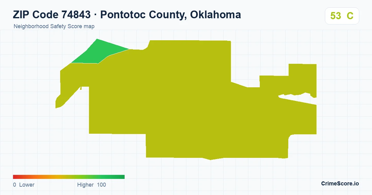 ZIP Code 74843 in Pontotoc County, Oklahoma neighborhood Safety Score map