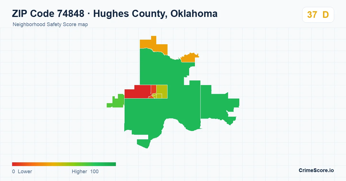 ZIP Code 74848 in Hughes County, Oklahoma neighborhood Safety Score map