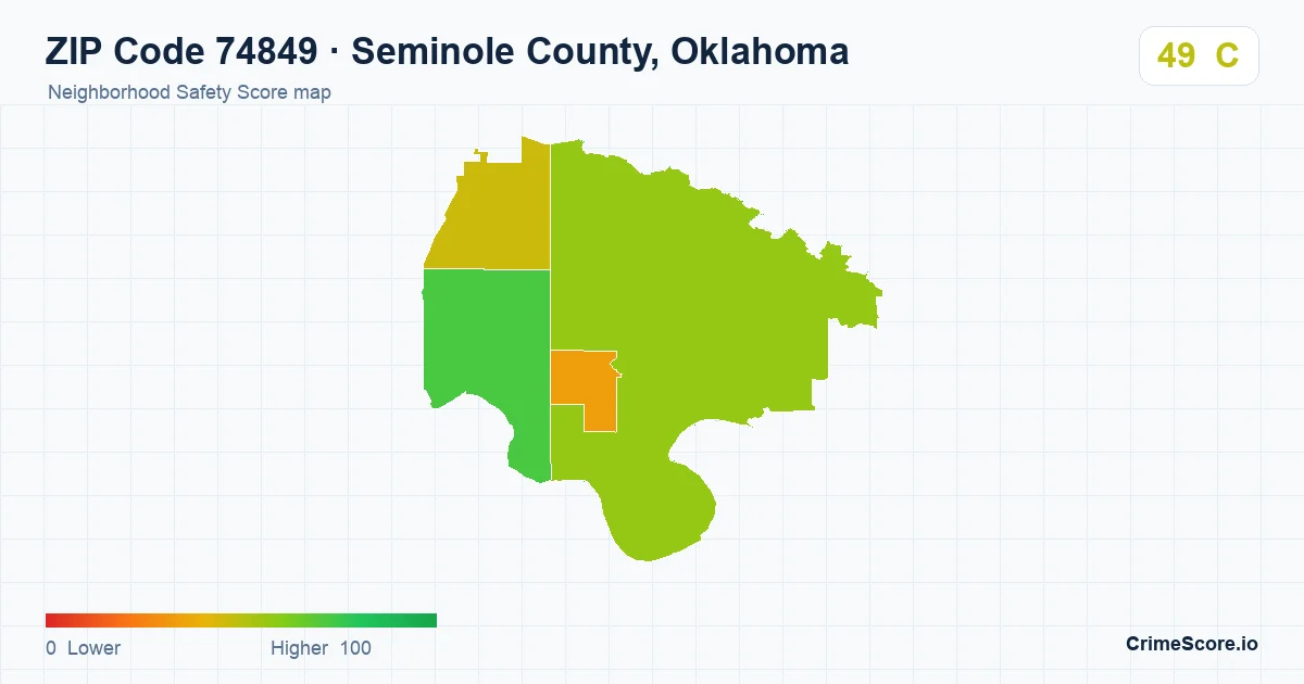 ZIP Code 74849 in Seminole County, Oklahoma neighborhood Safety Score map