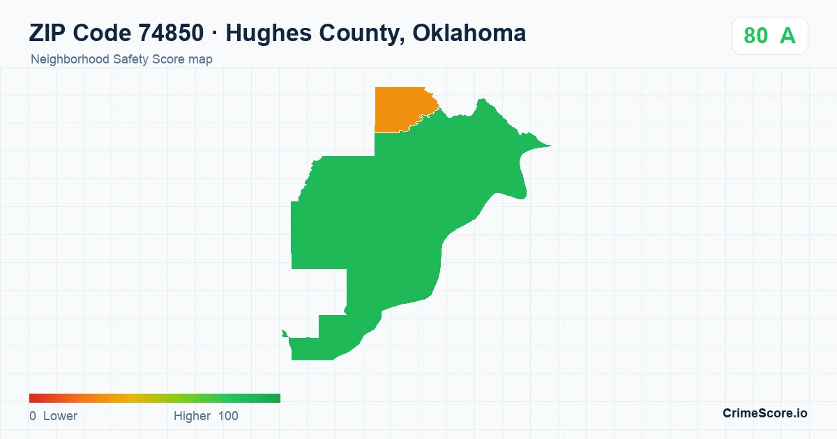 ZIP Code 74850 in Hughes County, Oklahoma neighborhood Safety Score map
