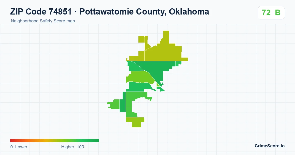 ZIP Code 74851 in Pottawatomie County, Oklahoma neighborhood Safety Score map