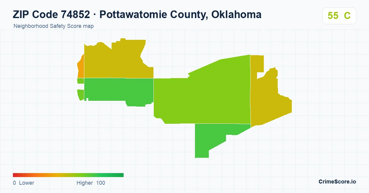 ZIP Code 74852 in Pottawatomie County, Oklahoma neighborhood Safety Score map