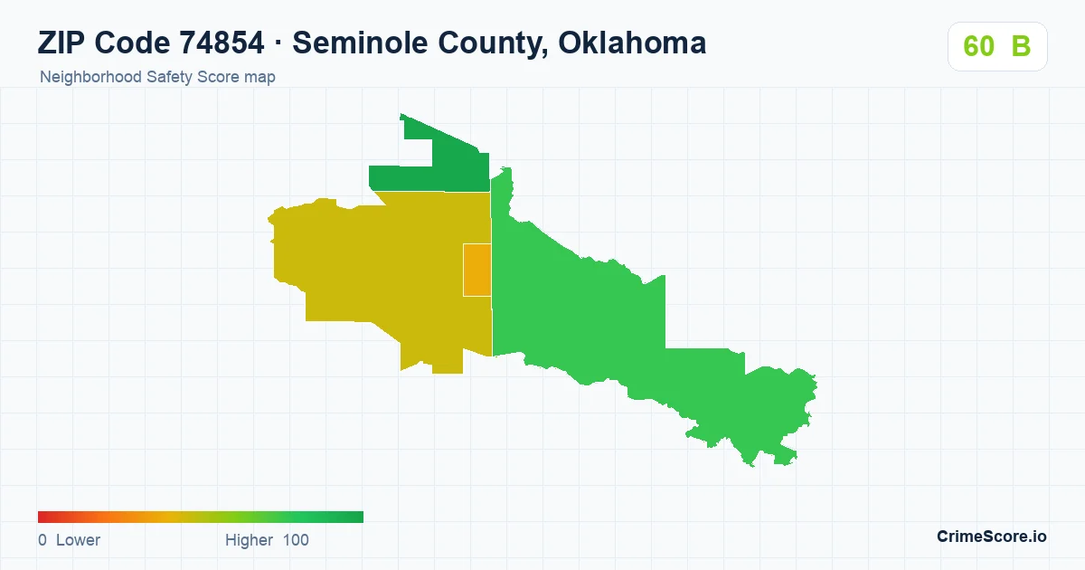 ZIP Code 74854 in Seminole County, Oklahoma neighborhood Safety Score map