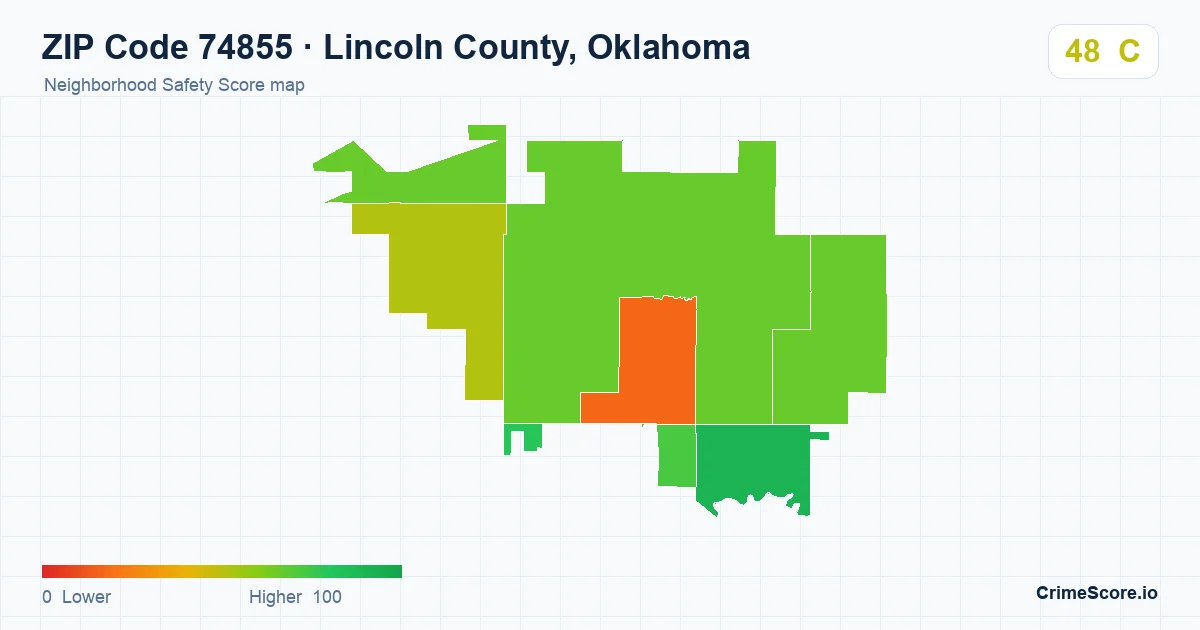 ZIP Code 74855 in Lincoln County, Oklahoma neighborhood Safety Score map