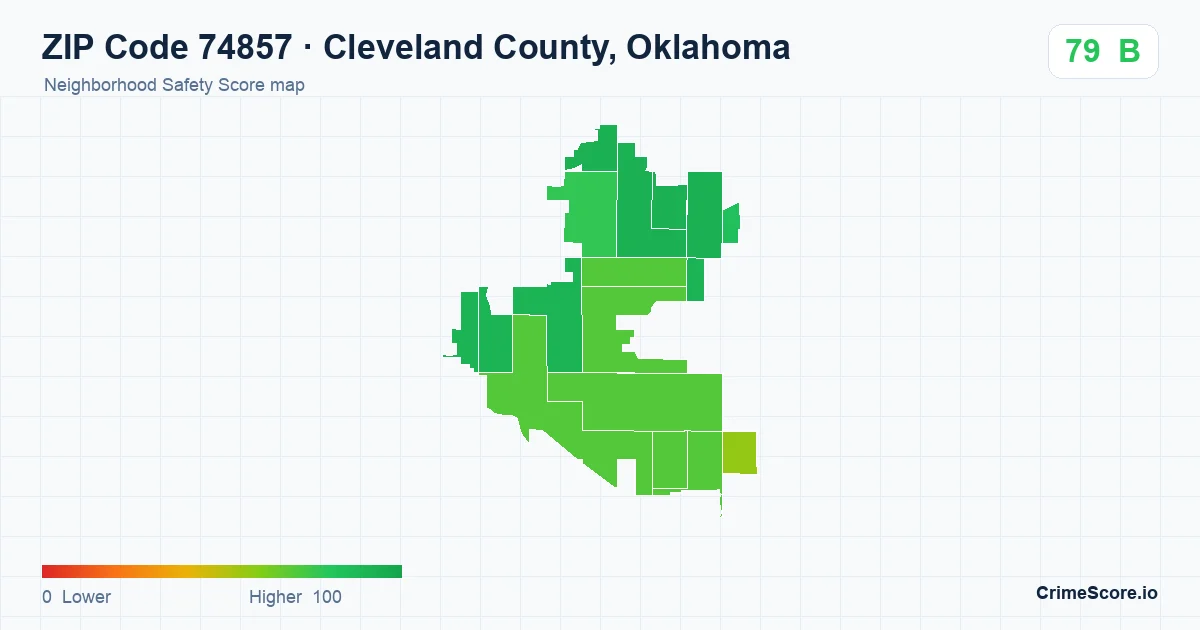 ZIP Code 74857 in Cleveland County, Oklahoma neighborhood Safety Score map