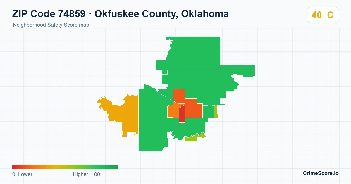 ZIP Code 74859 in Okfuskee County, Oklahoma neighborhood Safety Score map