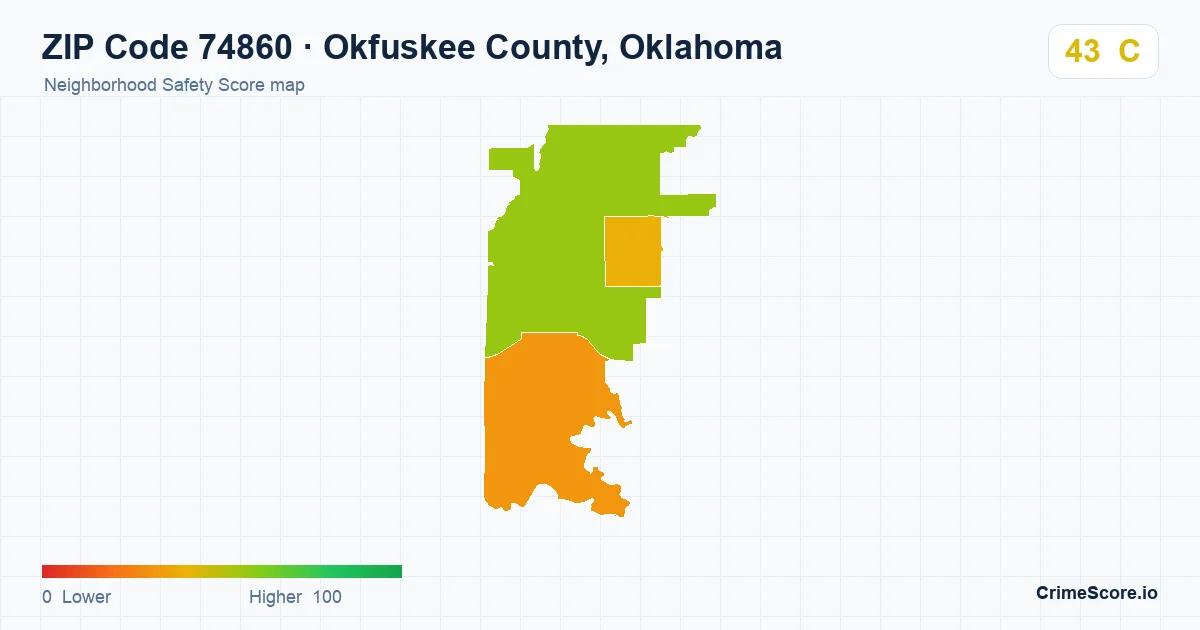 ZIP Code 74860 in Okfuskee County, Oklahoma neighborhood Safety Score map