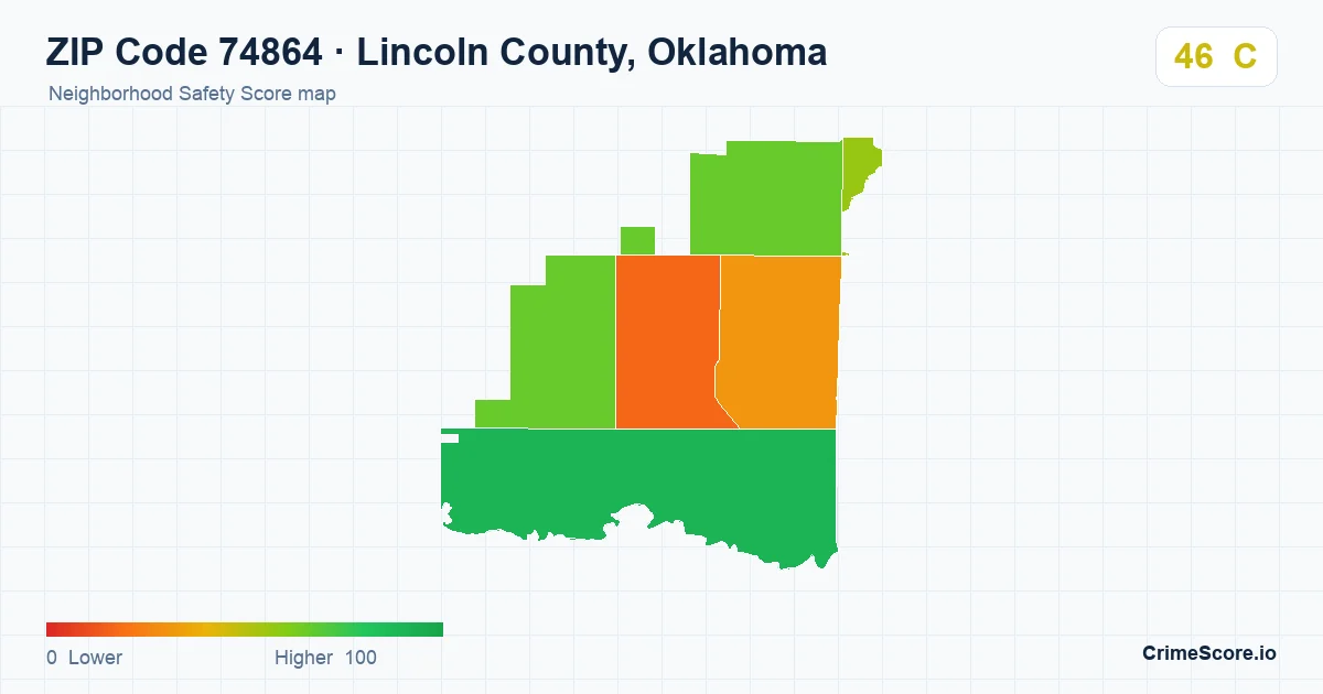 ZIP Code 74864 in Lincoln County, Oklahoma neighborhood Safety Score map