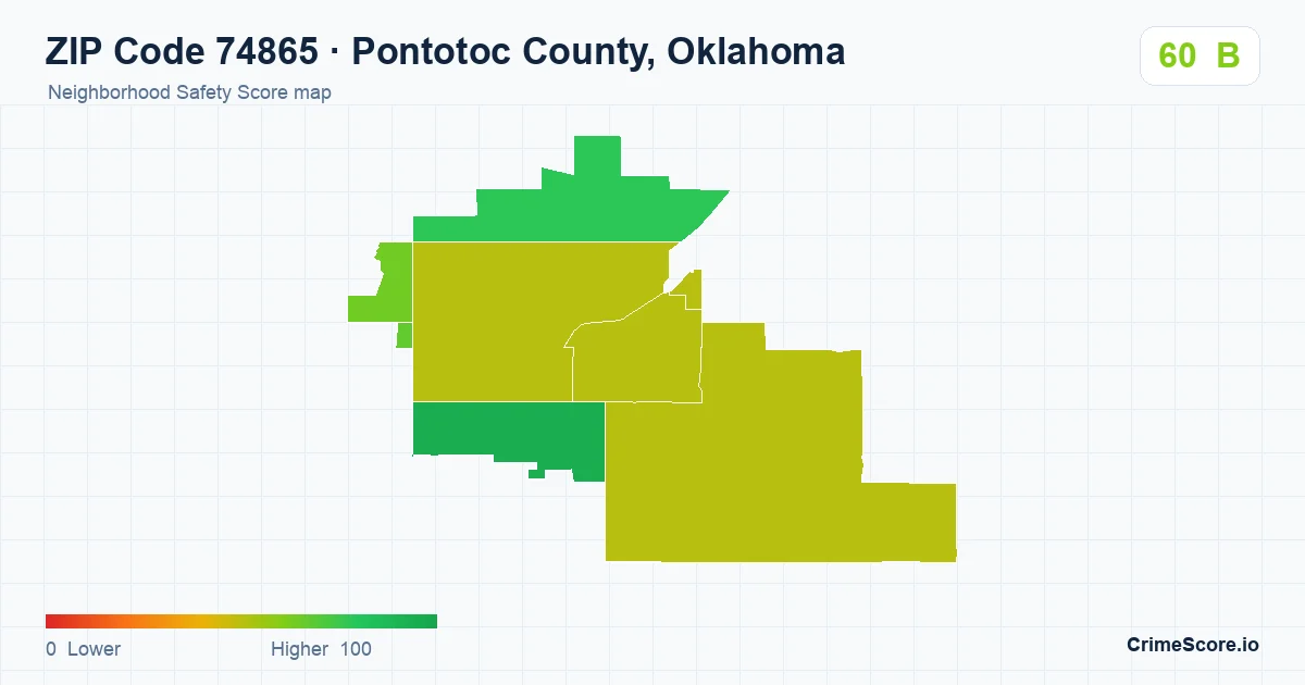 ZIP Code 74865 in Pontotoc County, Oklahoma neighborhood Safety Score map