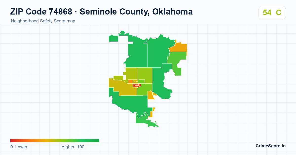 ZIP Code 74868 in Seminole County, Oklahoma neighborhood Safety Score map