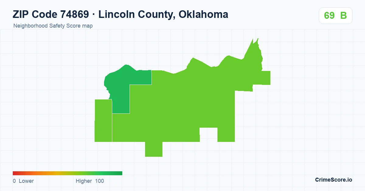 ZIP Code 74869 in Lincoln County, Oklahoma neighborhood Safety Score map
