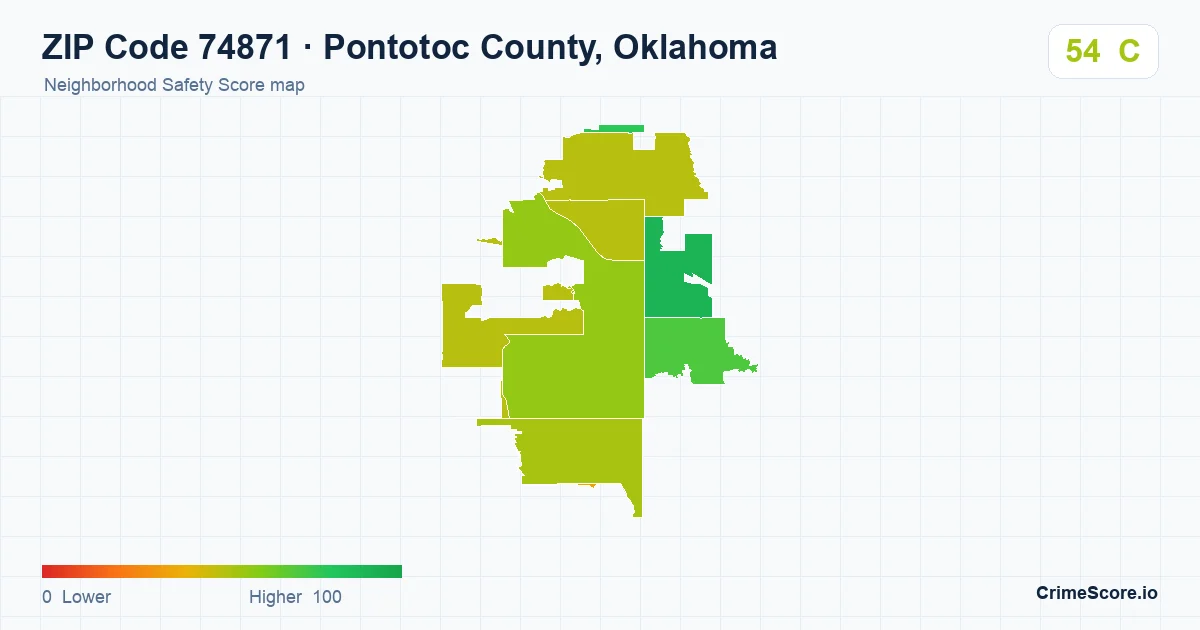 ZIP Code 74871 in Pontotoc County, Oklahoma neighborhood Safety Score map