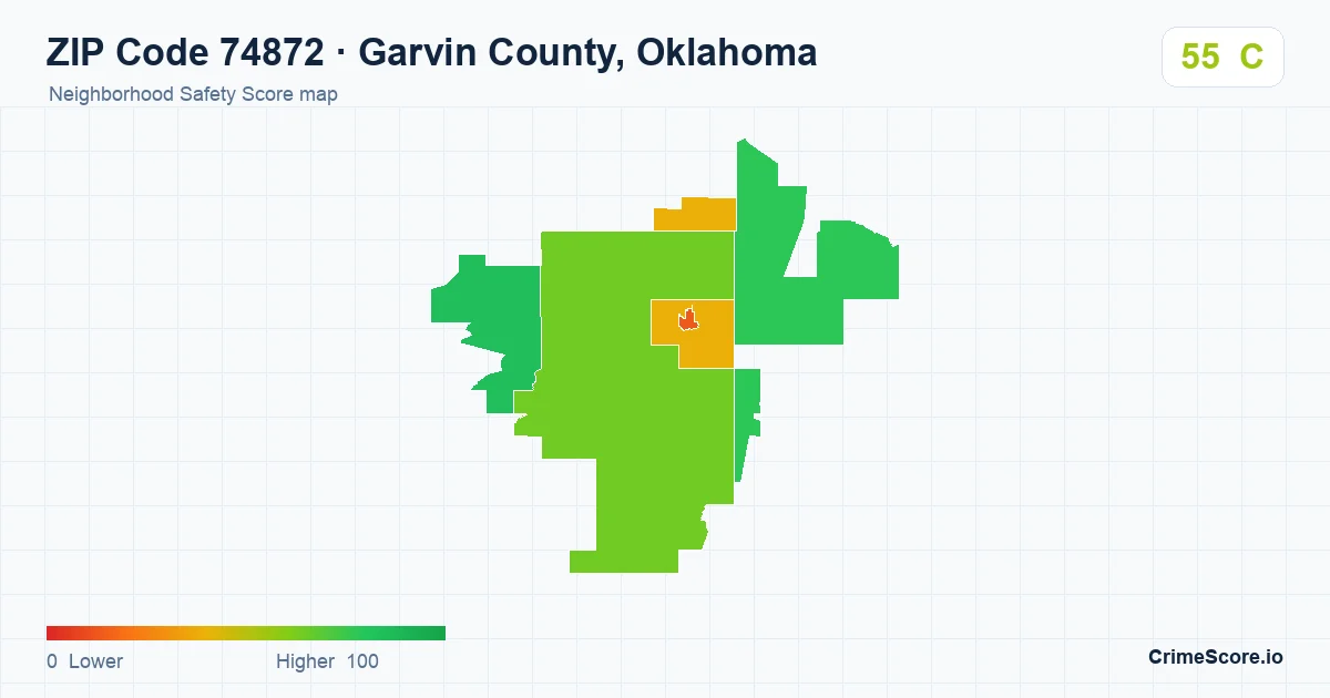 ZIP Code 74872 in Garvin County, Oklahoma neighborhood Safety Score map