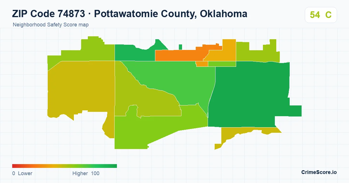 ZIP Code 74873 in Pottawatomie County, Oklahoma neighborhood Safety Score map