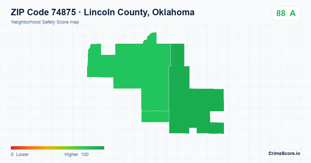 ZIP Code 74875 in Lincoln County, Oklahoma neighborhood Safety Score map
