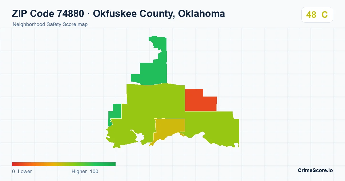 ZIP Code 74880 in Okfuskee County, Oklahoma neighborhood Safety Score map