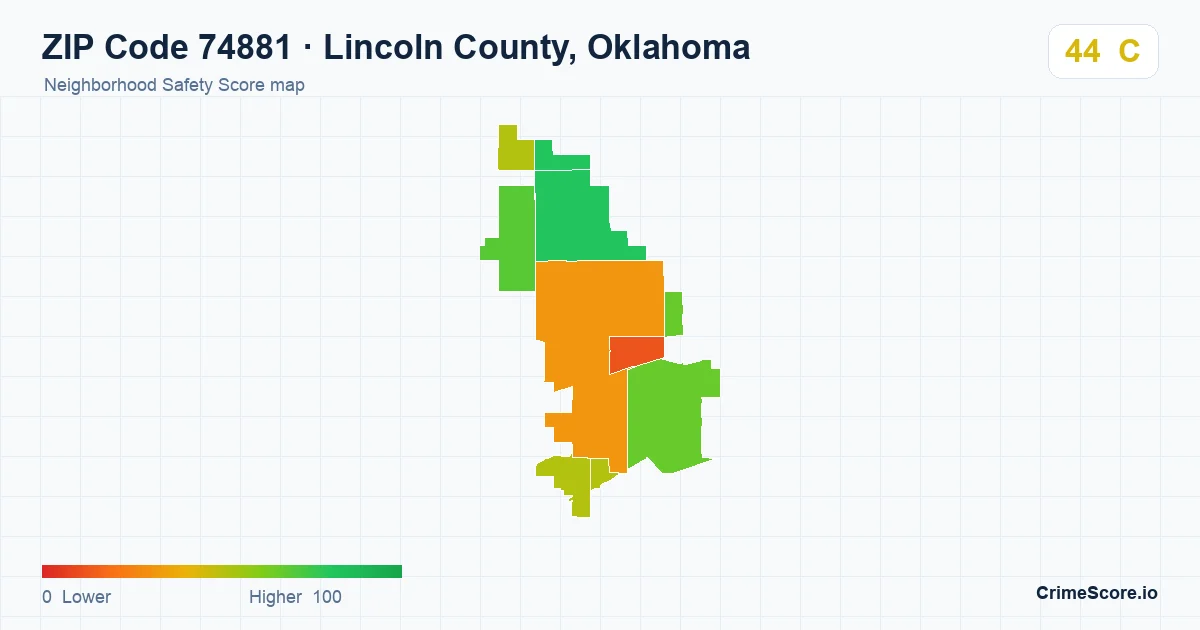 ZIP Code 74881 in Lincoln County, Oklahoma neighborhood Safety Score map