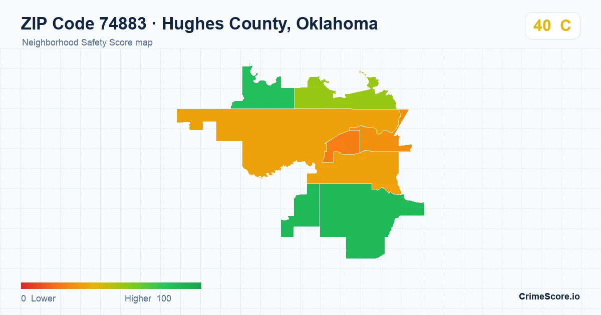 ZIP Code 74883 in Hughes County, Oklahoma neighborhood Safety Score map