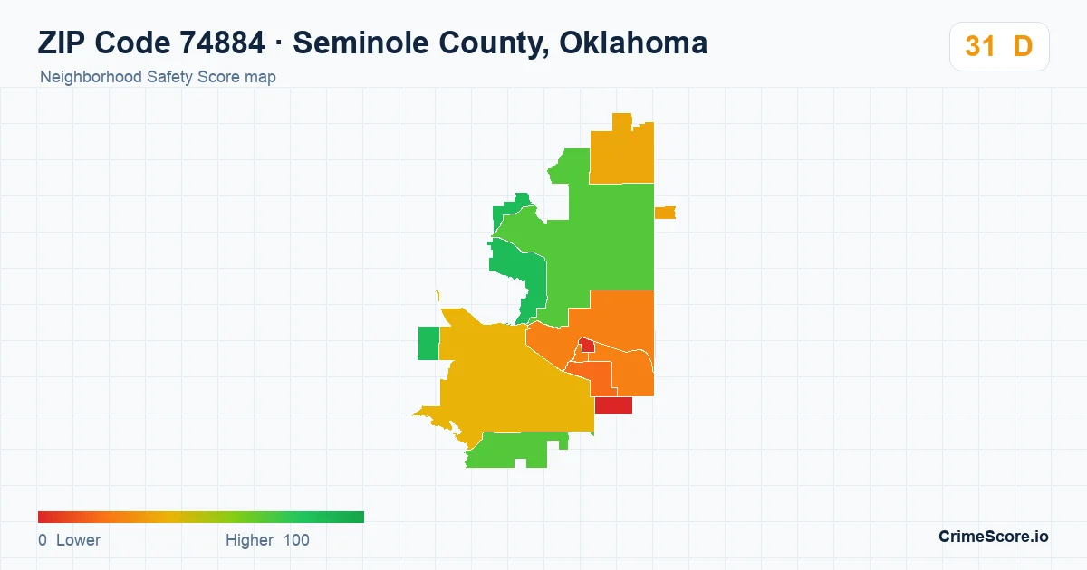 ZIP Code 74884 in Seminole County, Oklahoma neighborhood Safety Score map