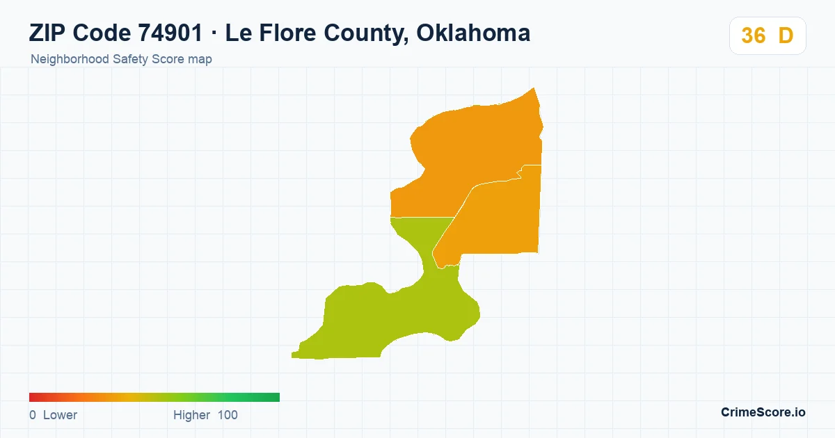 ZIP Code 74901 in Le Flore County, Oklahoma neighborhood Safety Score map