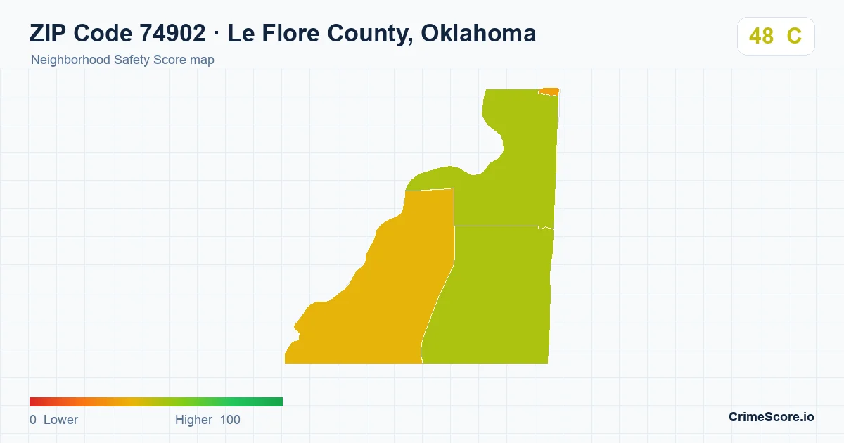 ZIP Code 74902 in Le Flore County, Oklahoma neighborhood Safety Score map