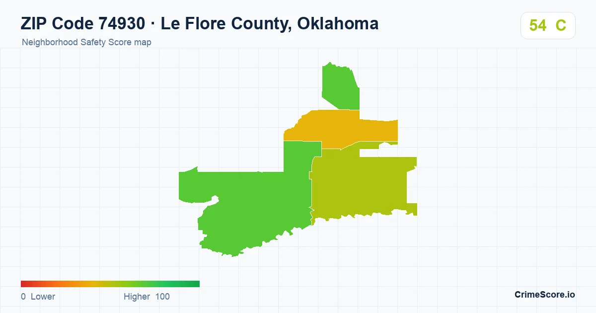 ZIP Code 74930 in Le Flore County, Oklahoma neighborhood Safety Score map