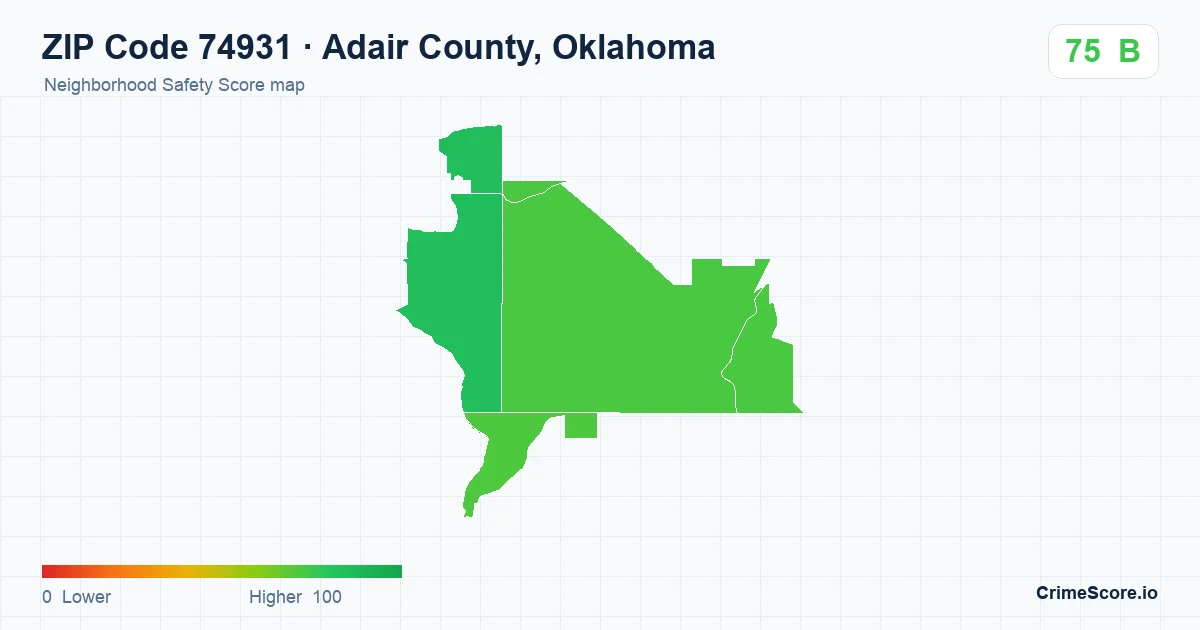ZIP Code 74931 in Adair County, Oklahoma neighborhood Safety Score map