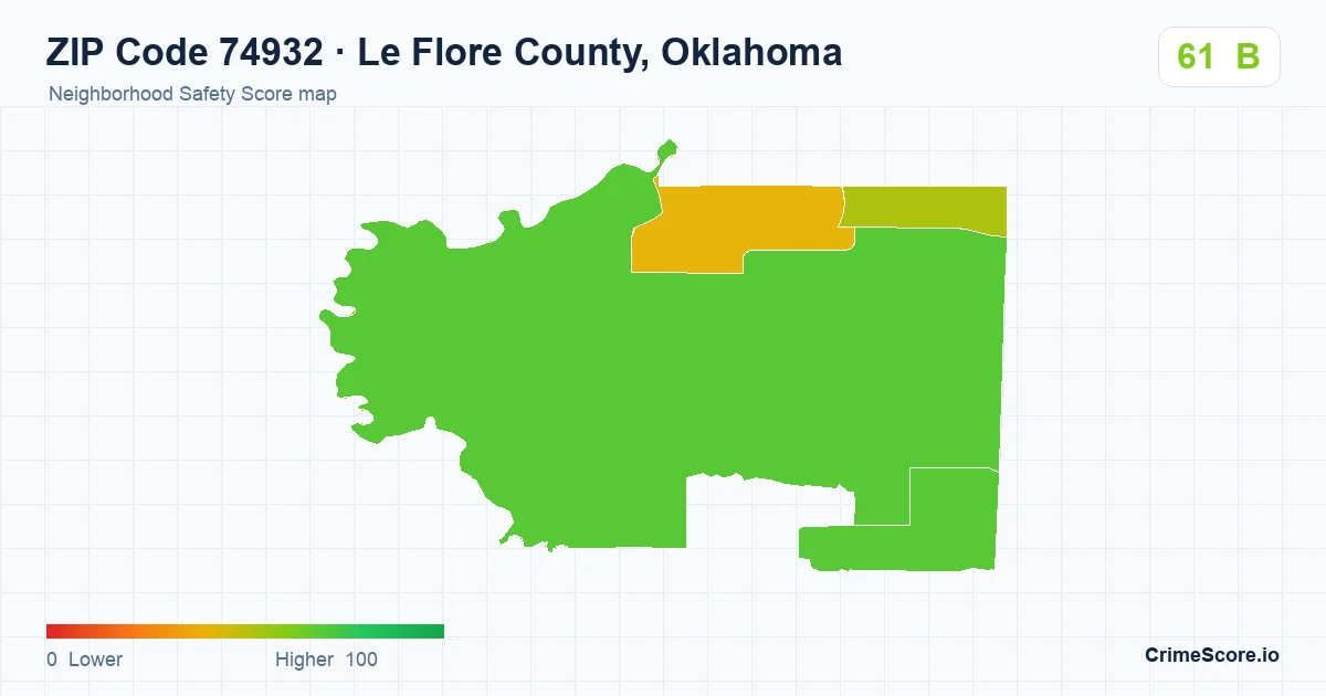 ZIP Code 74932 in Le Flore County, Oklahoma neighborhood Safety Score map