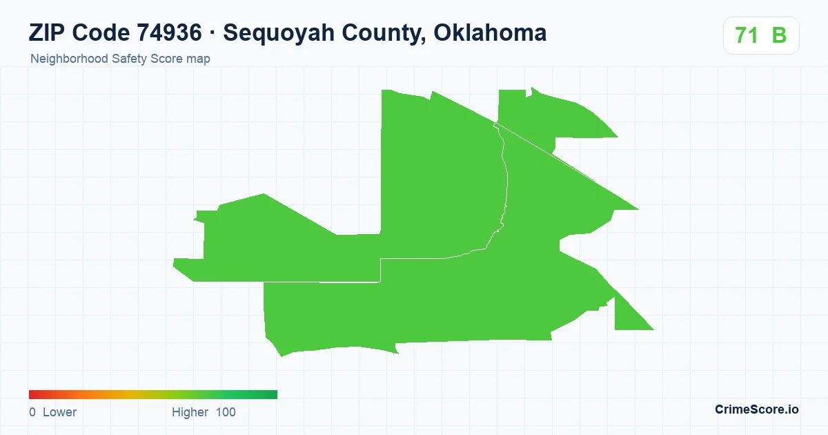 ZIP Code 74936 in Sequoyah County, Oklahoma neighborhood Safety Score map