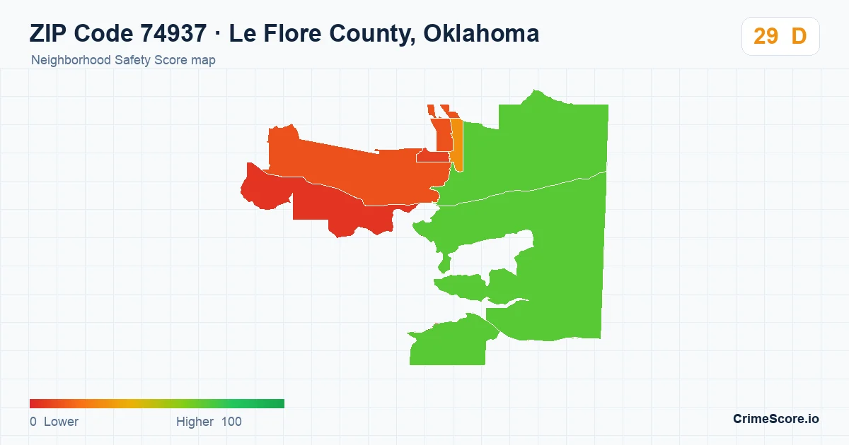 ZIP Code 74937 in Le Flore County, Oklahoma neighborhood Safety Score map