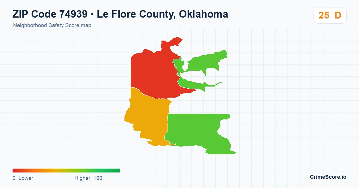 ZIP Code 74939 in Le Flore County, Oklahoma neighborhood Safety Score map