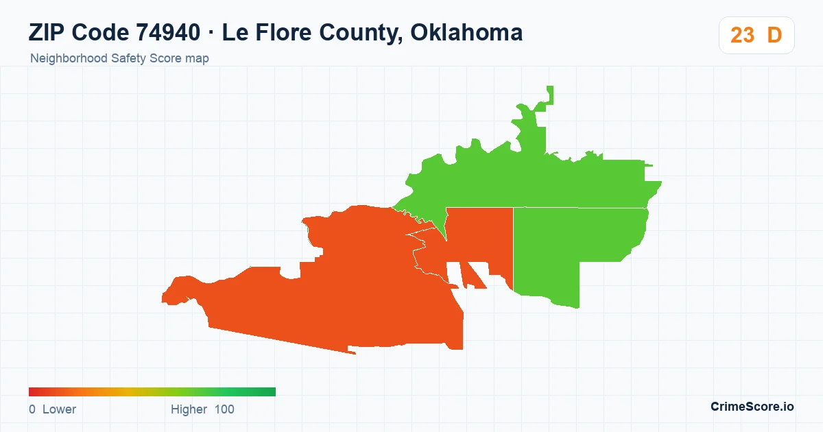 ZIP Code 74940 in Le Flore County, Oklahoma neighborhood Safety Score map