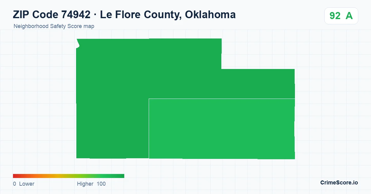 ZIP Code 74942 in Le Flore County, Oklahoma neighborhood Safety Score map