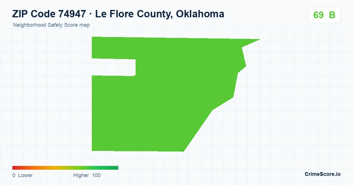 ZIP Code 74947 in Le Flore County, Oklahoma neighborhood Safety Score map