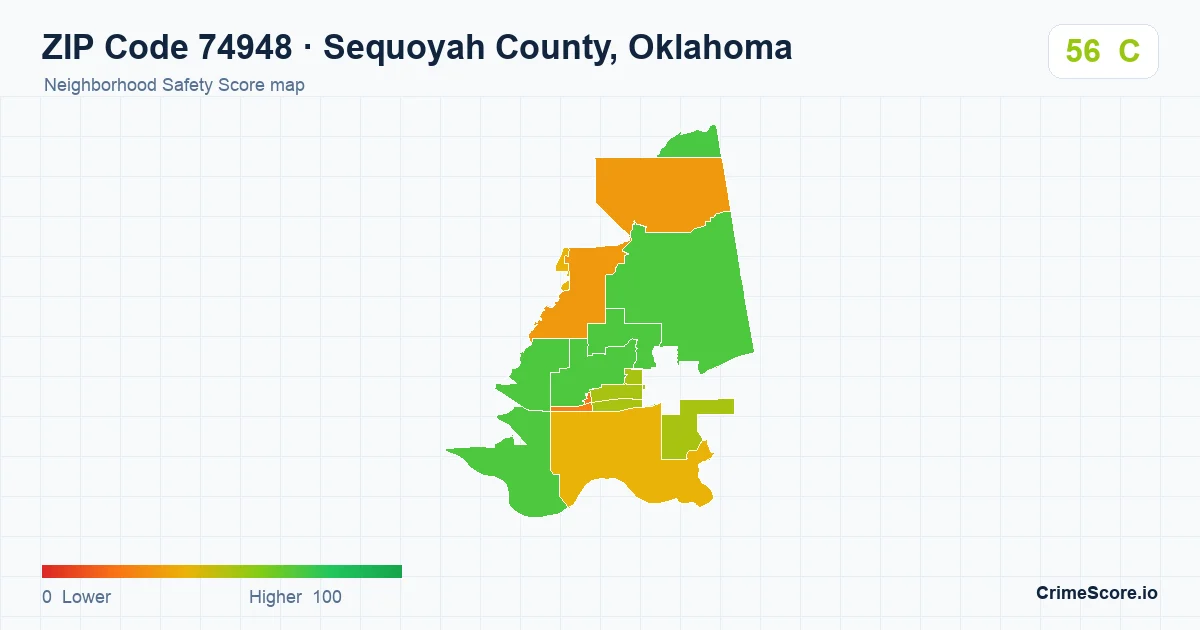 ZIP Code 74948 in Sequoyah County, Oklahoma neighborhood Safety Score map