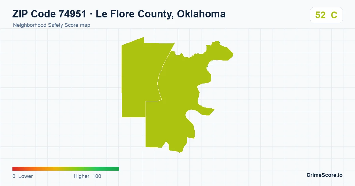 ZIP Code 74951 in Le Flore County, Oklahoma neighborhood Safety Score map