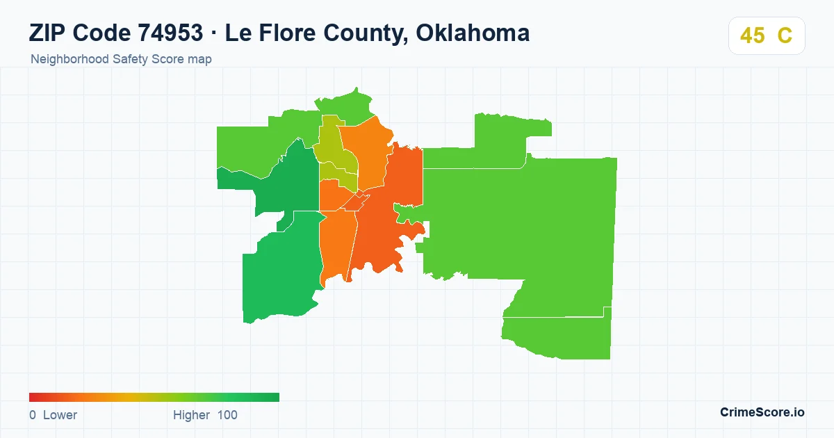 ZIP Code 74953 in Le Flore County, Oklahoma neighborhood Safety Score map