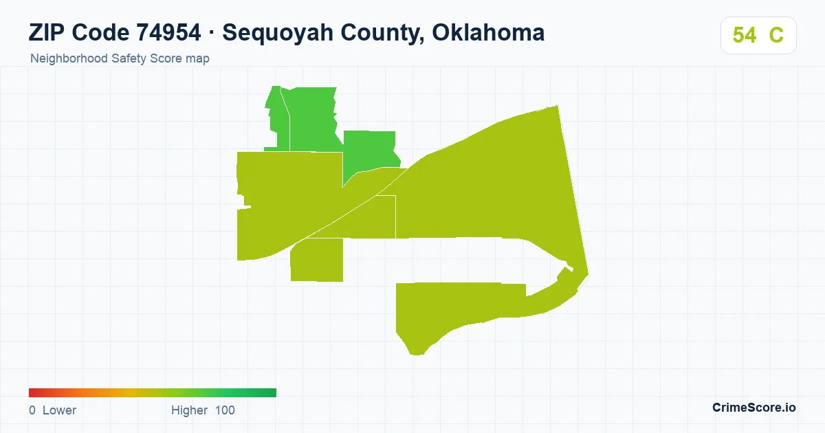 ZIP Code 74954 in Sequoyah County, Oklahoma neighborhood Safety Score map