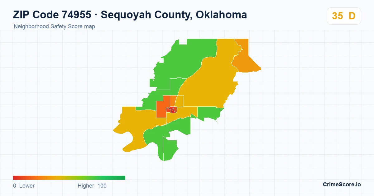 ZIP Code 74955 in Sequoyah County, Oklahoma neighborhood Safety Score map