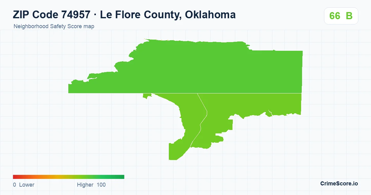 ZIP Code 74957 in Le Flore County, Oklahoma neighborhood Safety Score map