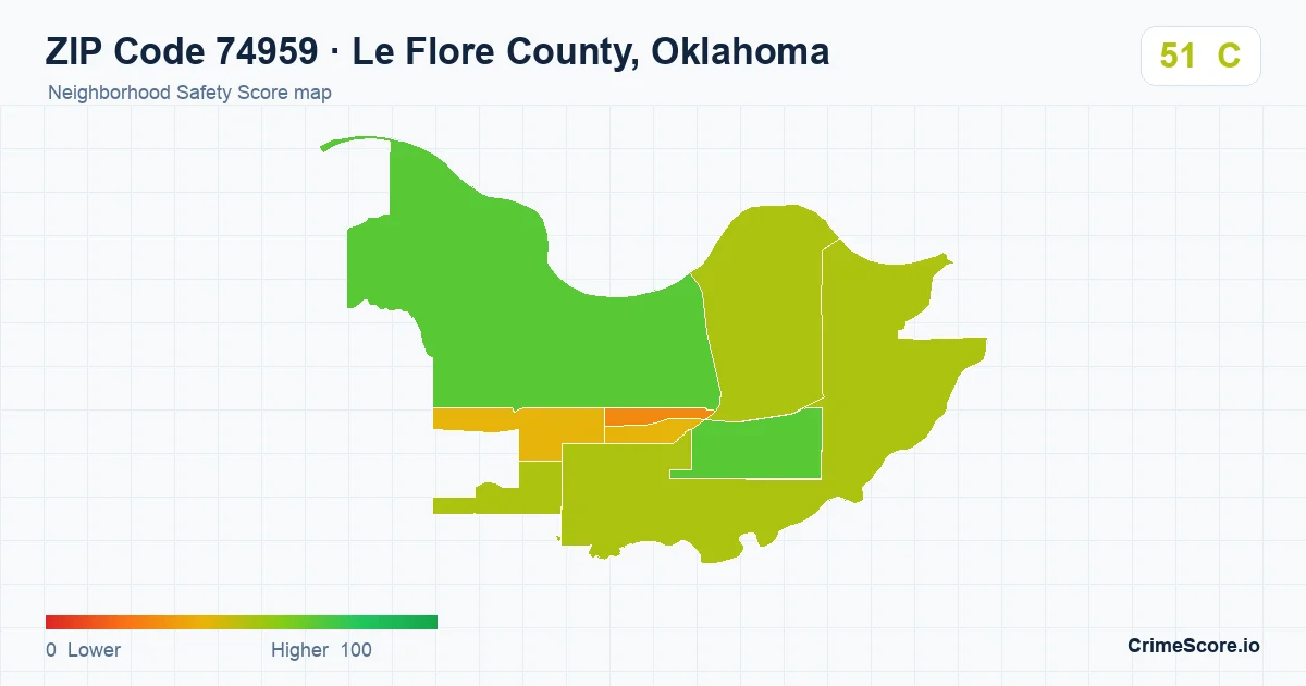 ZIP Code 74959 in Le Flore County, Oklahoma neighborhood Safety Score map