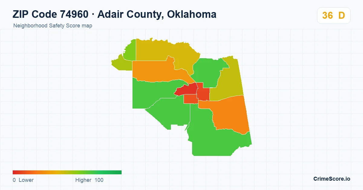 ZIP Code 74960 in Adair County, Oklahoma neighborhood Safety Score map