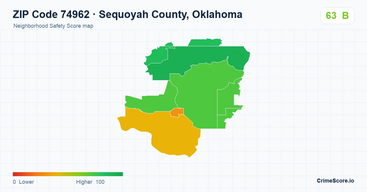 ZIP Code 74962 in Sequoyah County, Oklahoma neighborhood Safety Score map