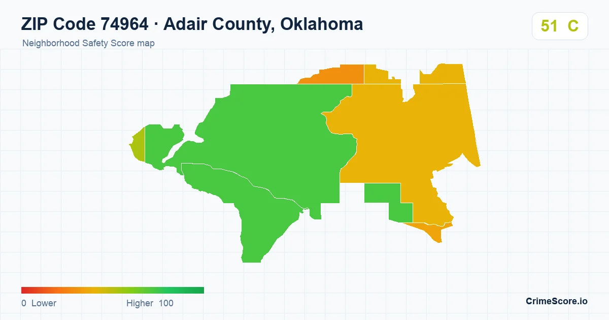 ZIP Code 74964 in Adair County, Oklahoma neighborhood Safety Score map